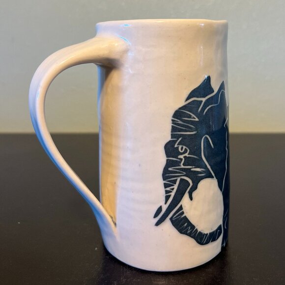 Handcrafted  Embossed Elephant Pottery Mug with Sgraffito Style Woodcut Look - Picture 4 of 10